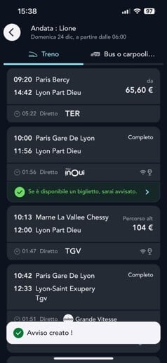 schermata della pagina dei risultati della ricerca dei biglietti sull'applicazione SNCF Connect che illustra l'opzione di avviso treno completo attivata